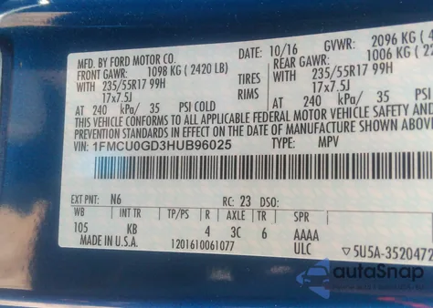 2017 Ford Escape Se from USA, damaged, VIN 1FMCU0GD3HUB96025